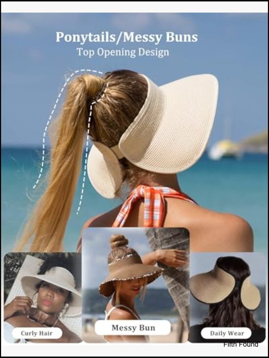 Wide Brim Straw Sun Hat UPF 80+ Foldable Packable Adjustable Ponytail Opening